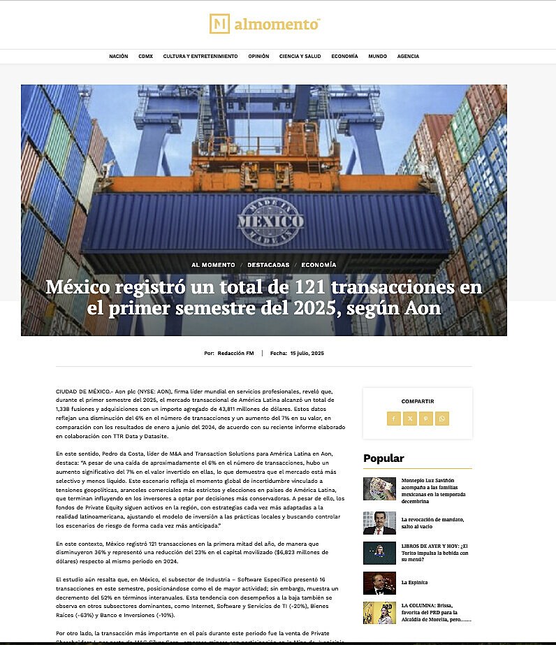 M�xico registr� un total de 121 transacciones en el primer semestre del 2025, seg�n Aon